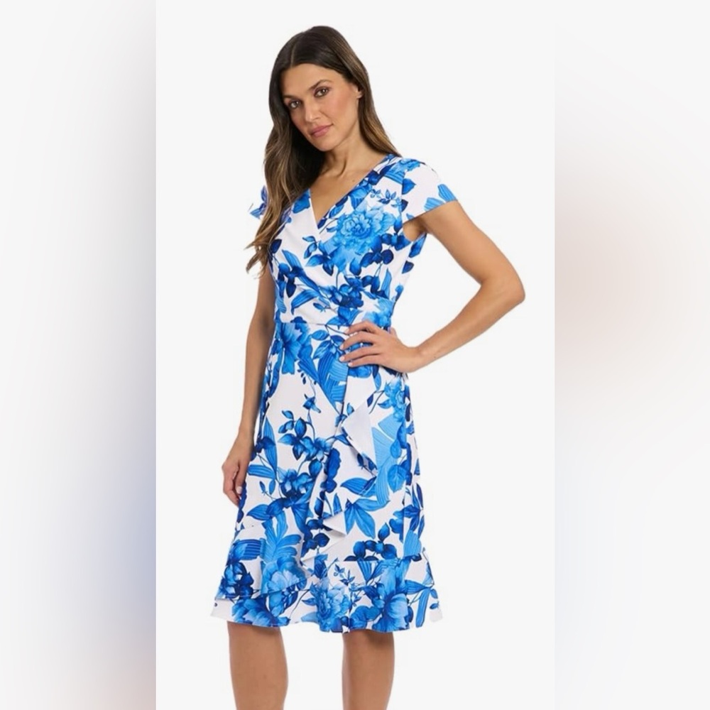 London Times ivory blue/ Roy size 6-NWT blue Floral Wrap Dress